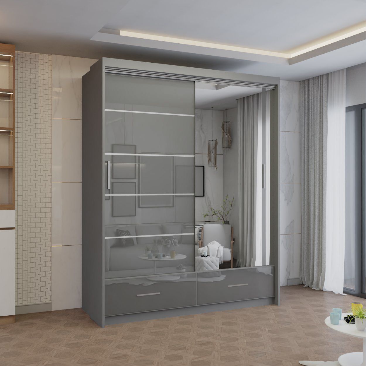 CHOICEWARDROBE Modern High Gloss Sliding Wardrobe with LED Light 150cm x 220cm in Grey – image 1