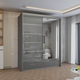 CHOICEWARDROBE Modern High Gloss Sliding Wardrobe with LED Light 150cm x 220cm in Grey – image 1