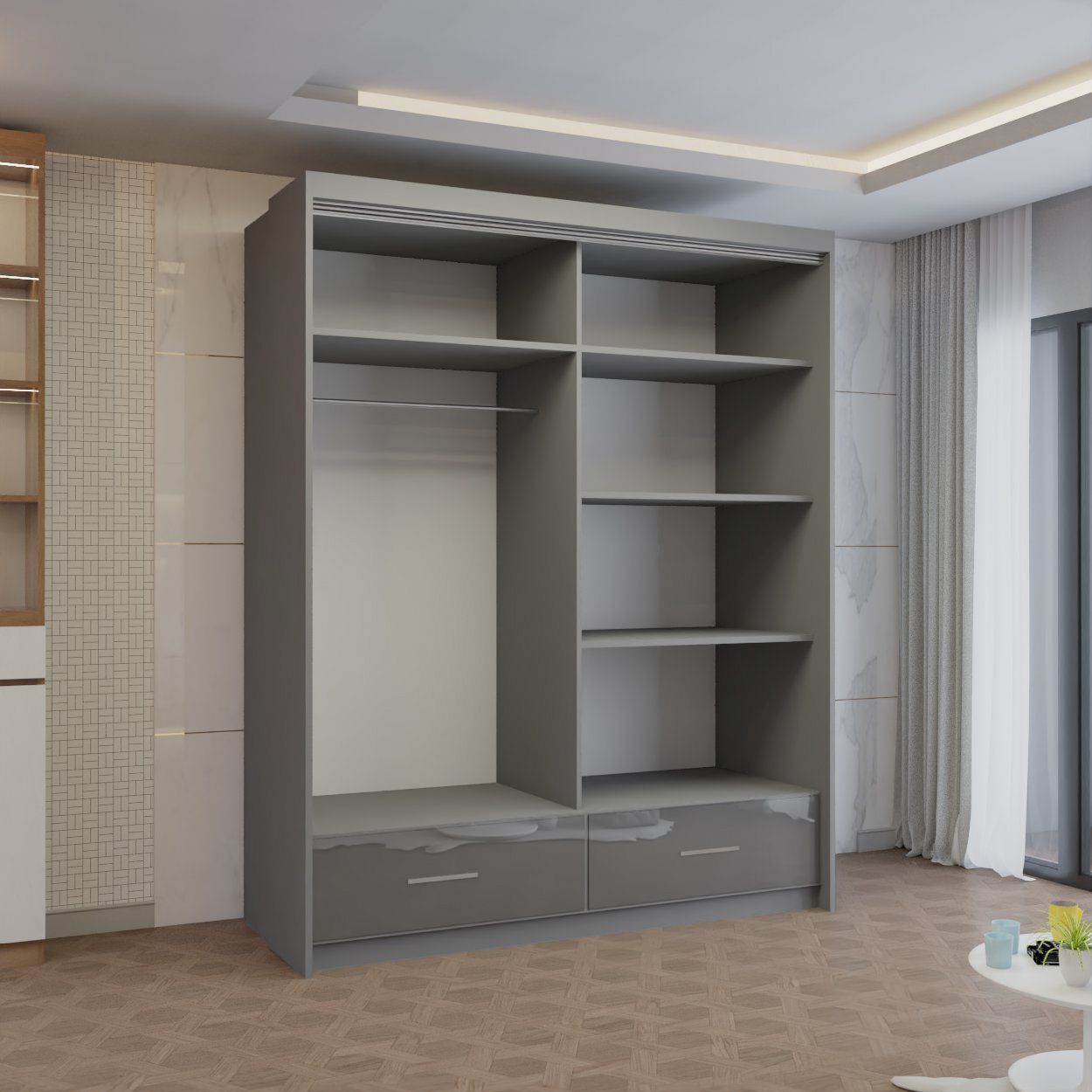 CHOICEWARDROBE Modern High Gloss Sliding Wardrobe with LED Light 150cm x 220cm in Grey – image 2