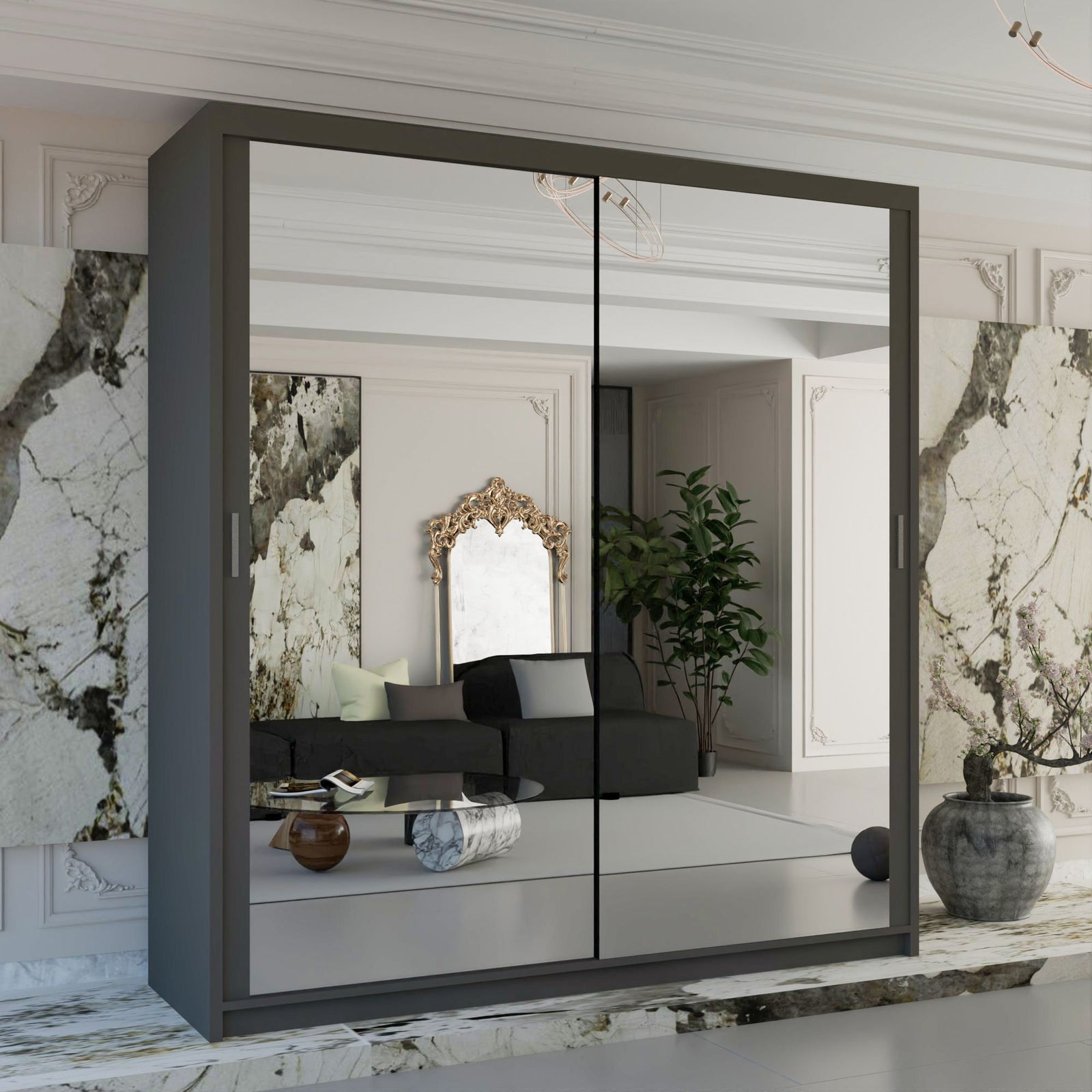 CHOICEWARDROBE Double Mirror Sliding Wardrobe With LED Light W180cm x H217cm x D62cm in Grey – image 1