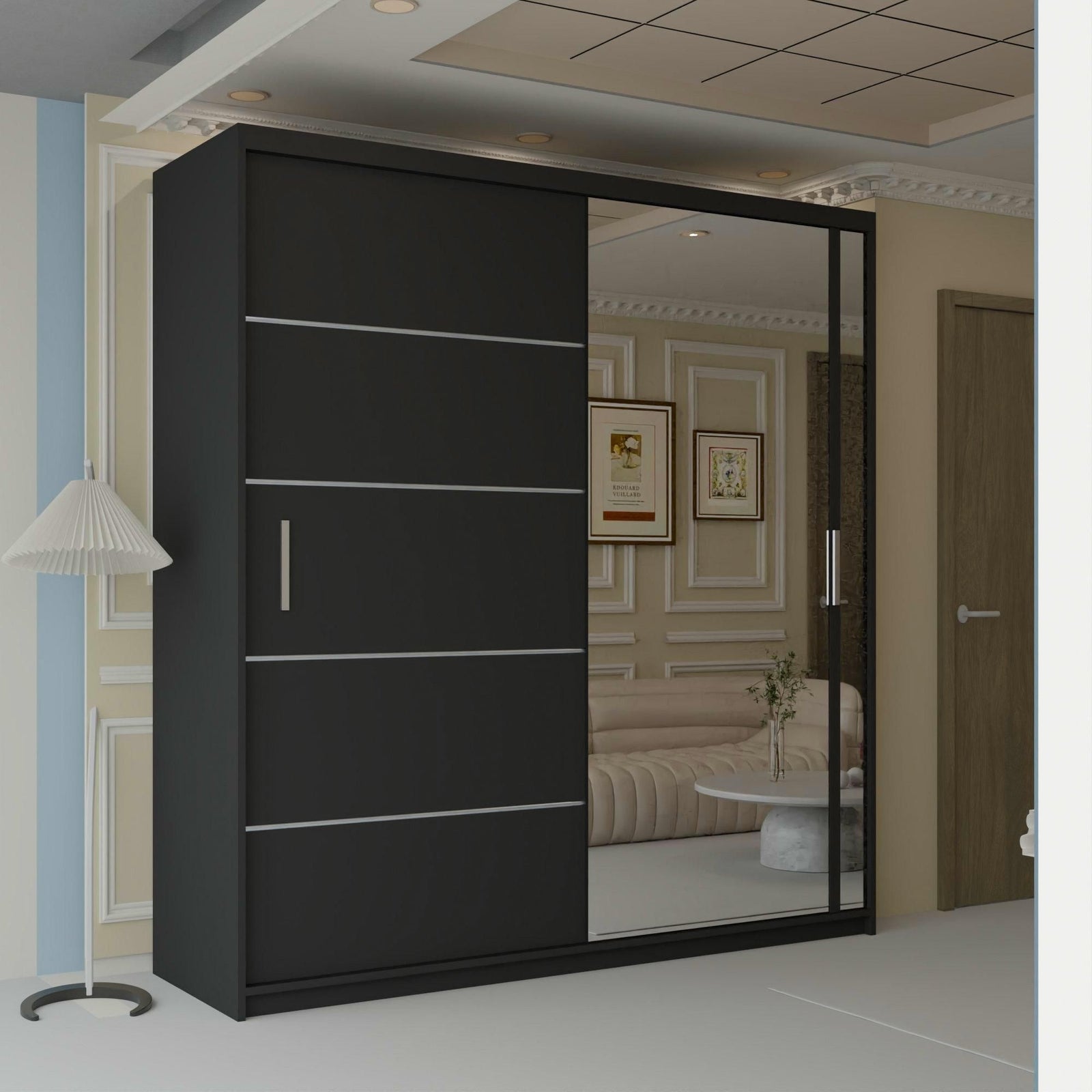 CHOICEWARDROBE Velson One Side Mirror Sliding Door Wardrobe 150cm X 217cm in Black – image 1