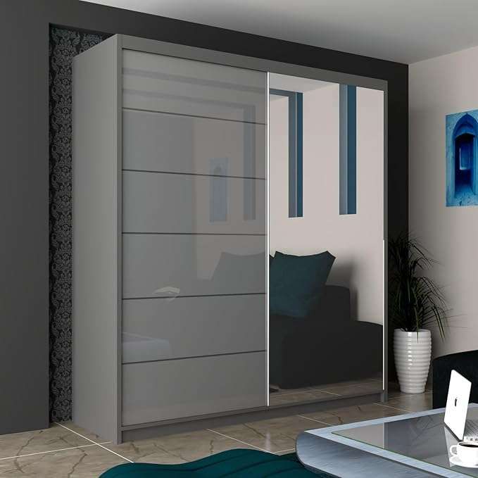 CHOICEWARDROBE High Gloss Double Sliding Wardrobe with LED Light W 150 x H 217 x D 62 in Grey – image 1