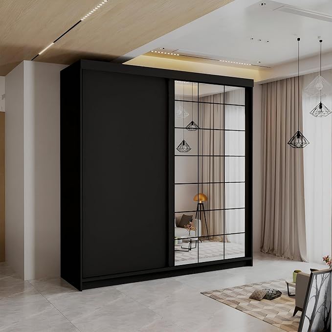 CHOICEWARDROBE Modern Sliding Wardrobe with LED Light W 200 x H 217 x D 62 in Black – image 1