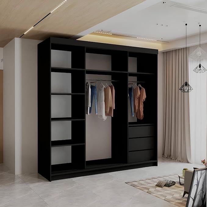 CHOICEWARDROBE Modern Sliding Wardrobe with LED Light W 200 x H 217 x D 62 in Black – image 2