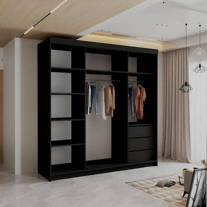 CHOICEWARDROBE Modern Sliding Wardrobe with LED Light W 200 x H 217 x D 62 in Black – image 3