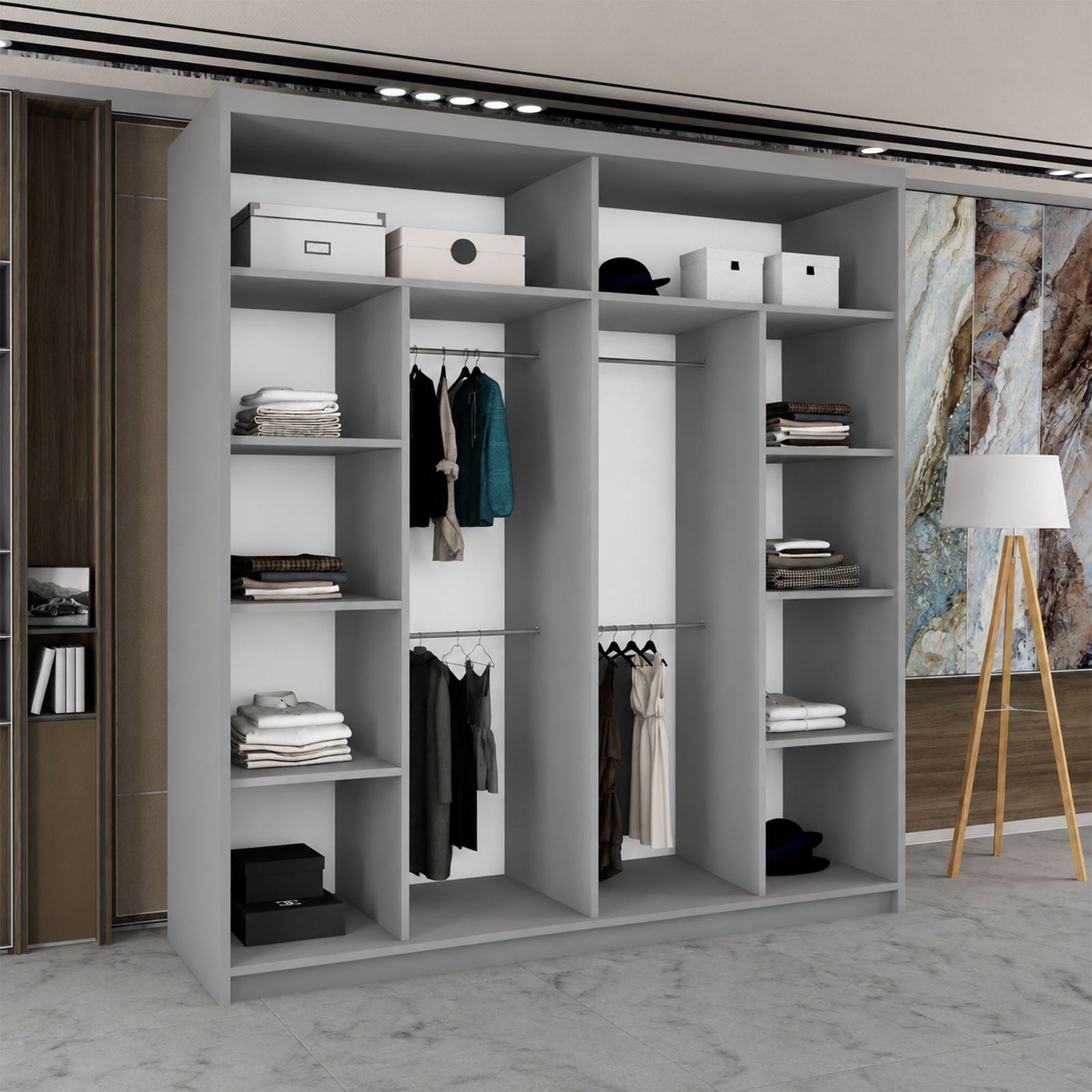 CHOICEWARDROBE Modern Double Sliding Wardrobe with LED Light W203cm x H217cm x D62cm in Grey – image 3