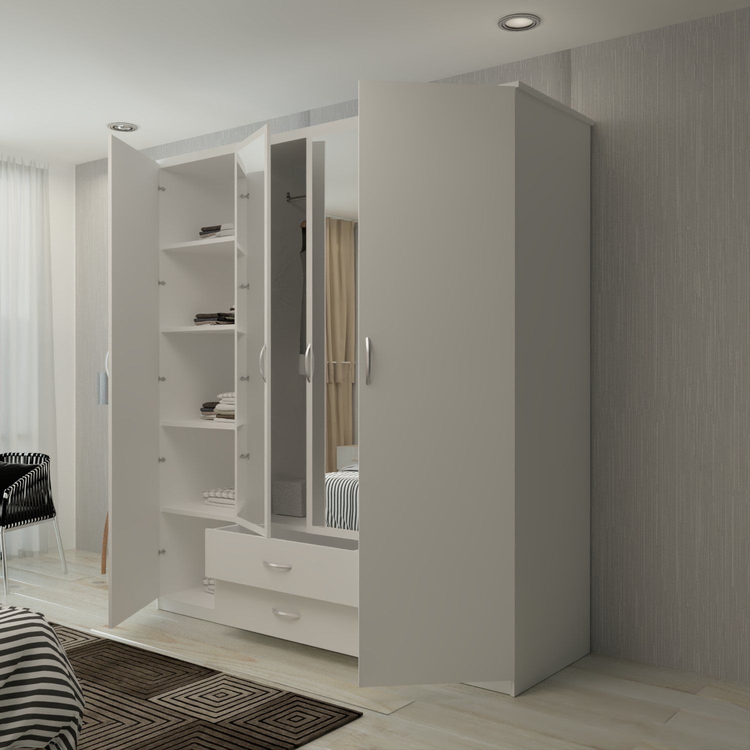 CHOICEWARDROBE Modern 4 Door Hinged Wardrobe with LED Light W171cm x H198cm in White – image 3