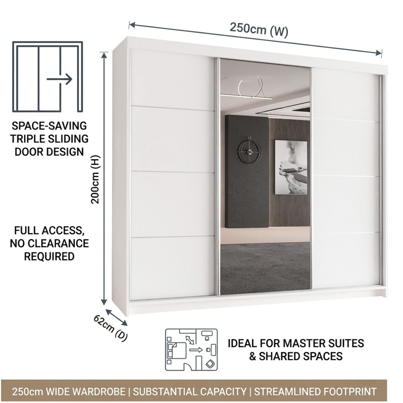 CHOICEWARDROBE Modern 3 Door Sliding Wardrobe-Bedroom cabinet 250cm x 217cm in White – image 7