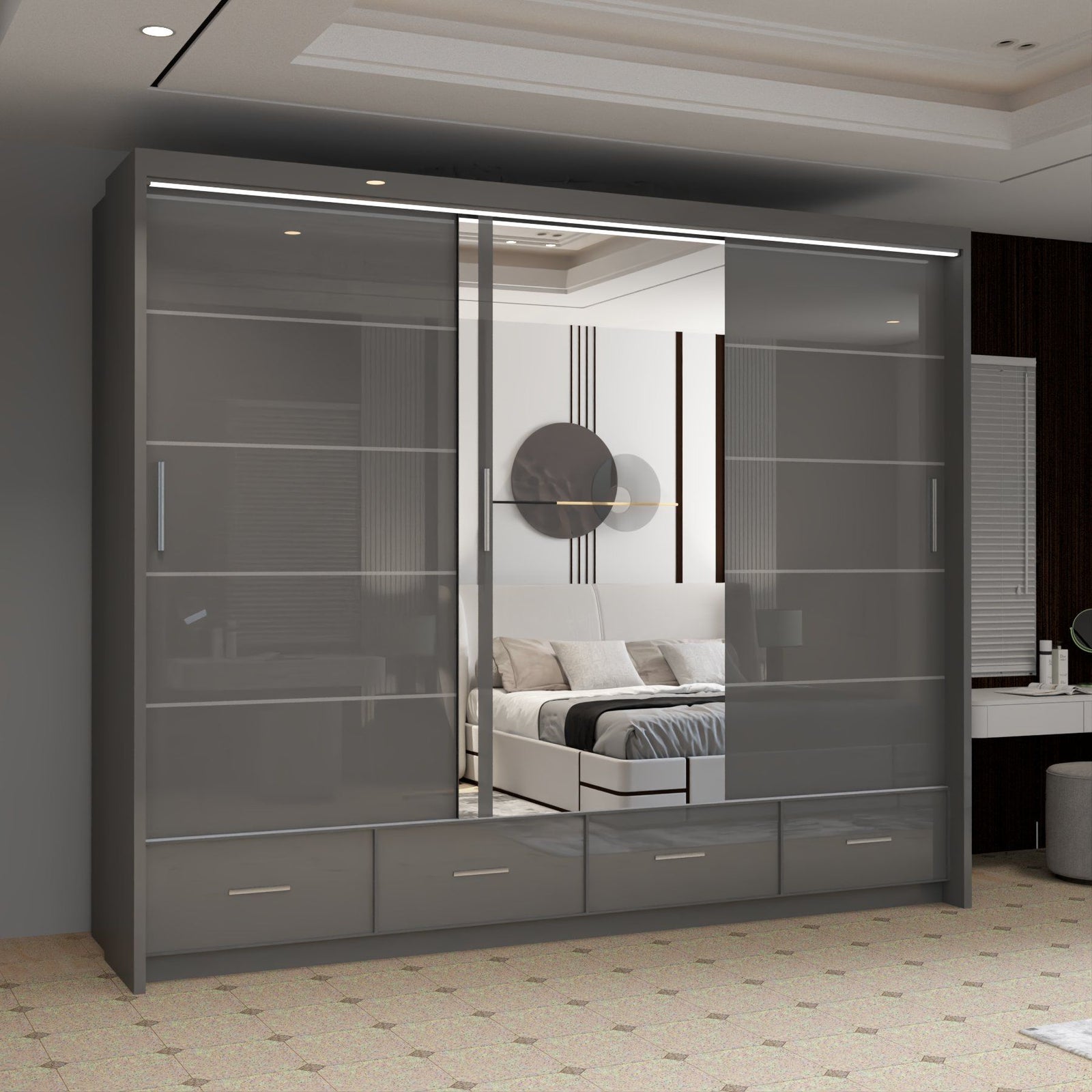 CHOICEWARDROBE Luxury High Gloss Sliding Wardrobe with LED Light W255cm x H220cm in Grey – image 1