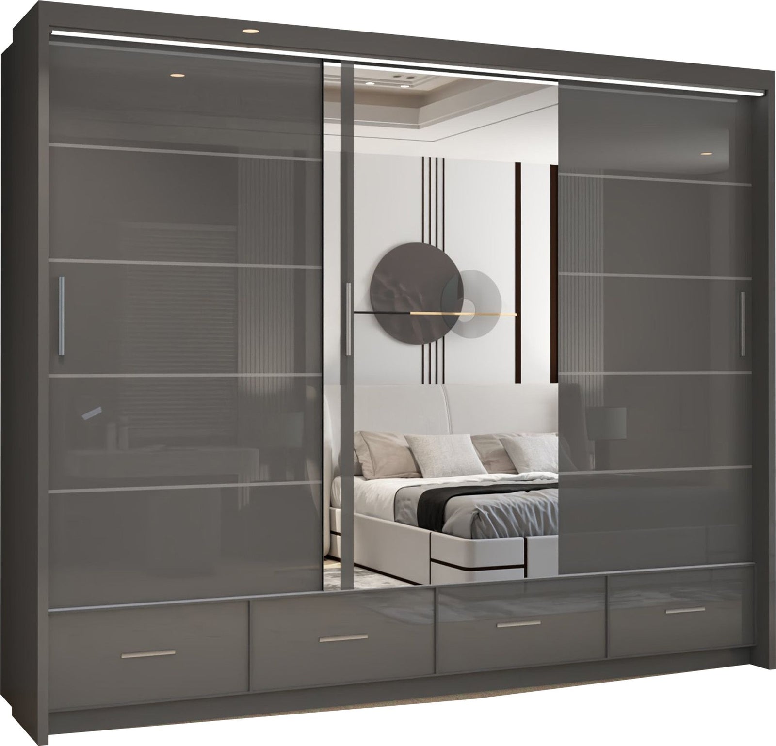 CHOICEWARDROBE Luxury High Gloss Sliding Wardrobe with LED Light W255cm x H220cm in Grey – image 2