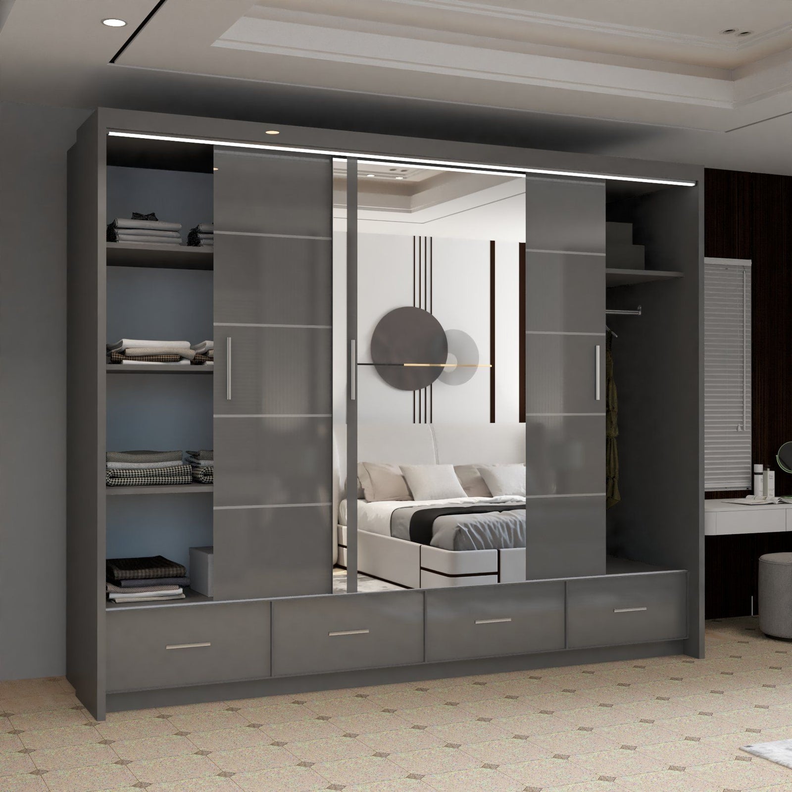 CHOICEWARDROBE Luxury High Gloss Sliding Wardrobe with LED Light W255cm x H220cm in Grey – image 3