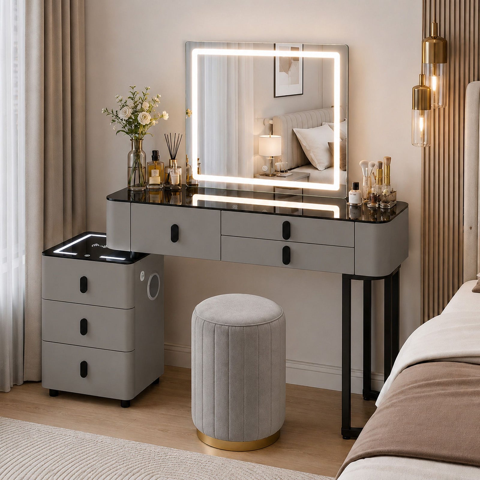 CHOICEWARDROBE Smart Vanity Dressing Table Set with LED Touch Mirror & Stool in Grey – image 1