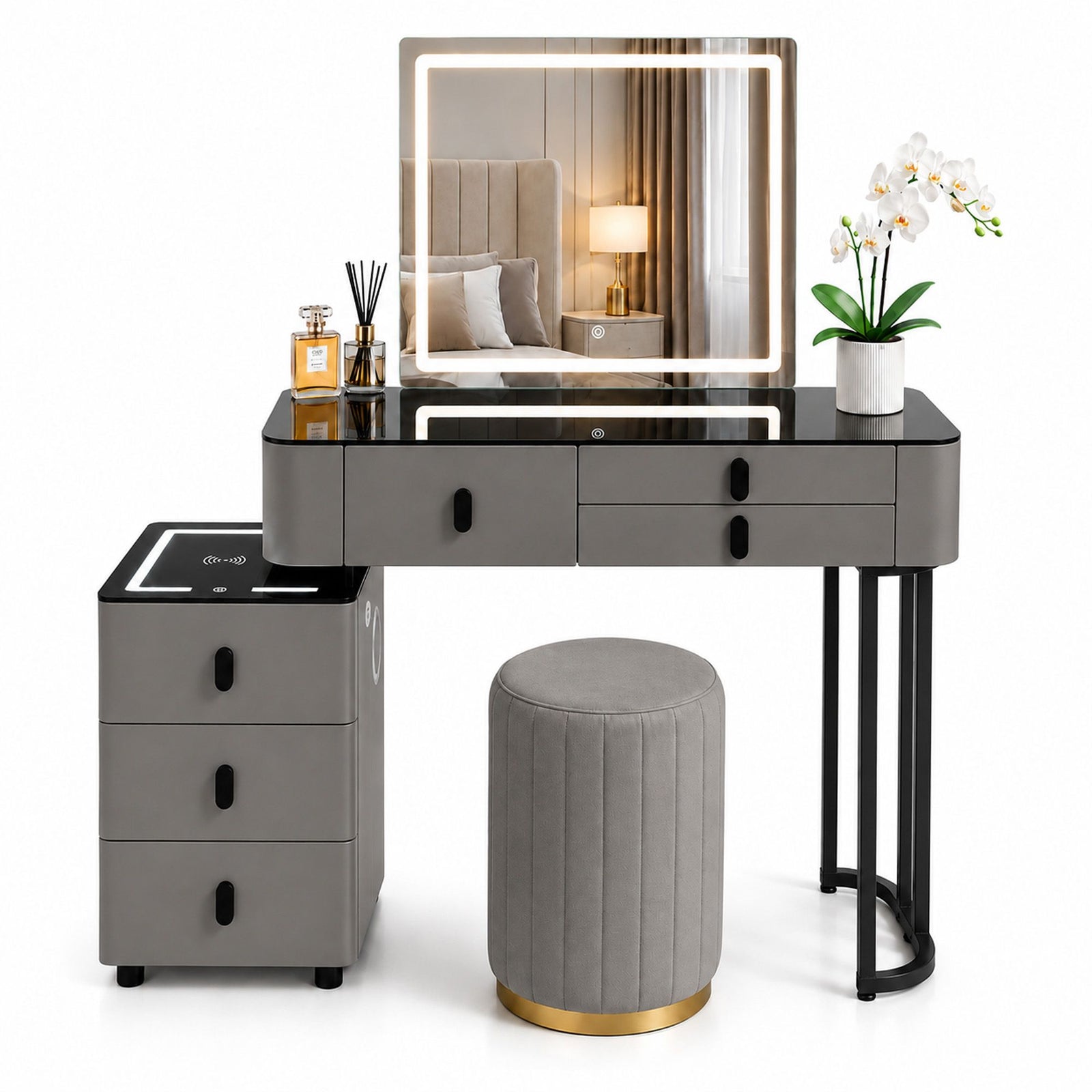 CHOICEWARDROBE Smart Vanity Dressing Table Set with LED Touch Mirror & Stool in Grey – image 2
