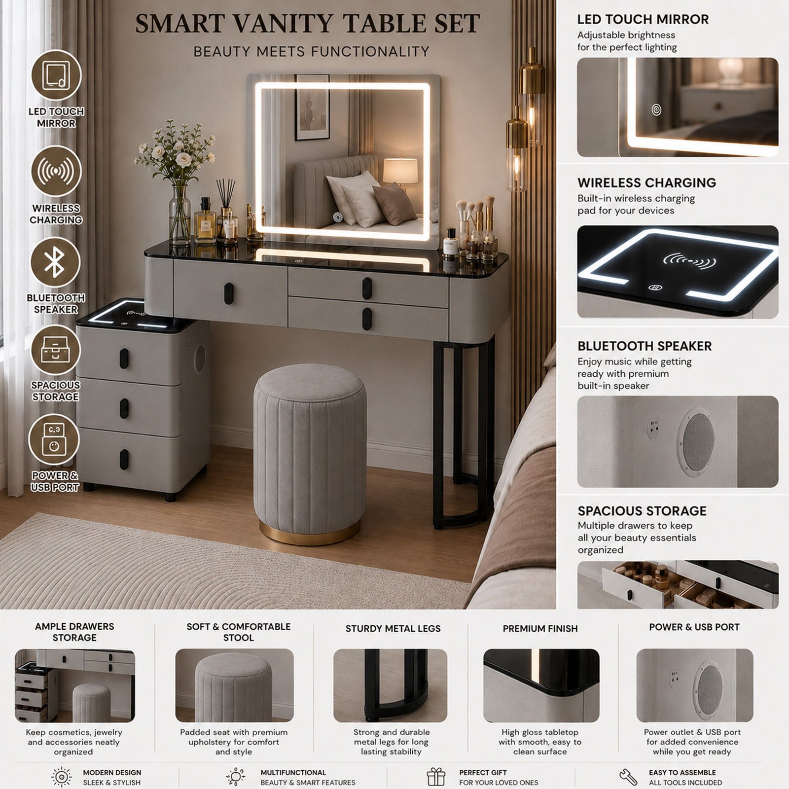 CHOICEWARDROBE Smart Vanity Dressing Table Set with LED Touch Mirror & Stool in Grey – image 3