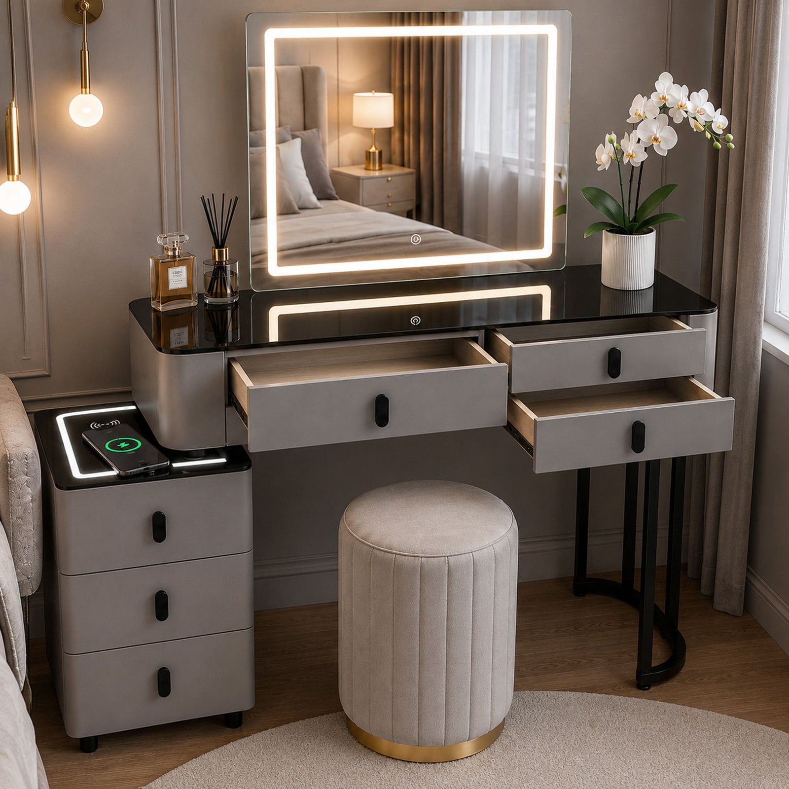 CHOICEWARDROBE Smart Vanity Dressing Table Set with LED Touch Mirror & Stool in Grey – image 4