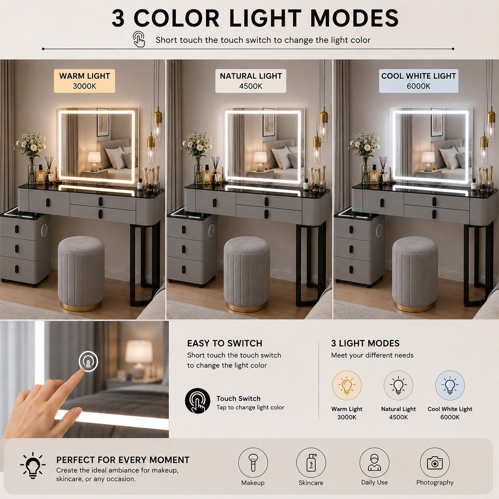 CHOICEWARDROBE Smart Vanity Dressing Table Set with LED Touch Mirror & Stool in Grey – image 6