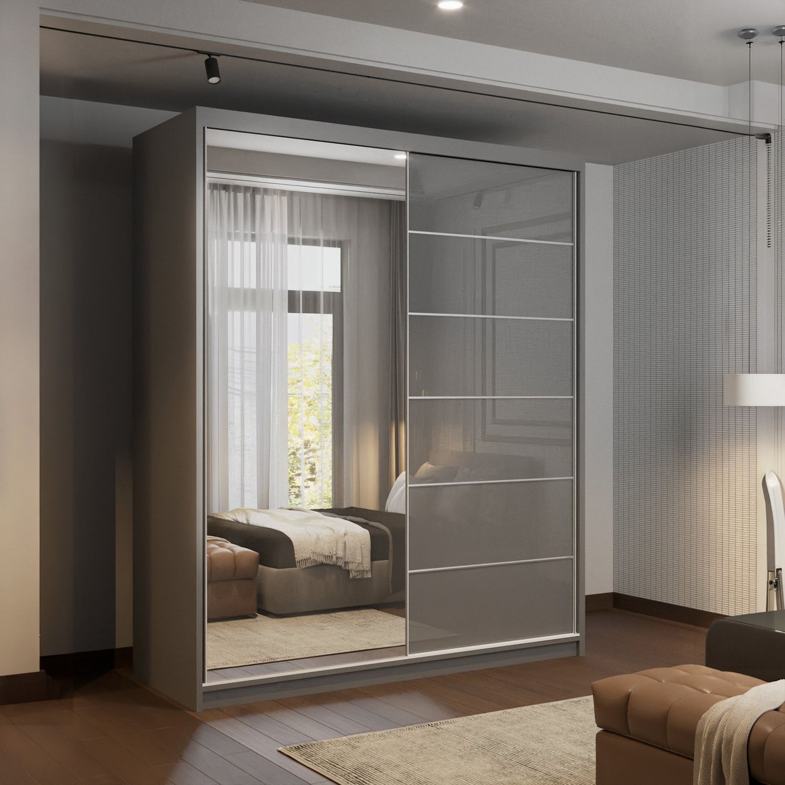 CHOICEWARDROBE Fusion High Gloss Sliding Mirror Door Wardrobe W180cm x H200cm in Grey – image 1
