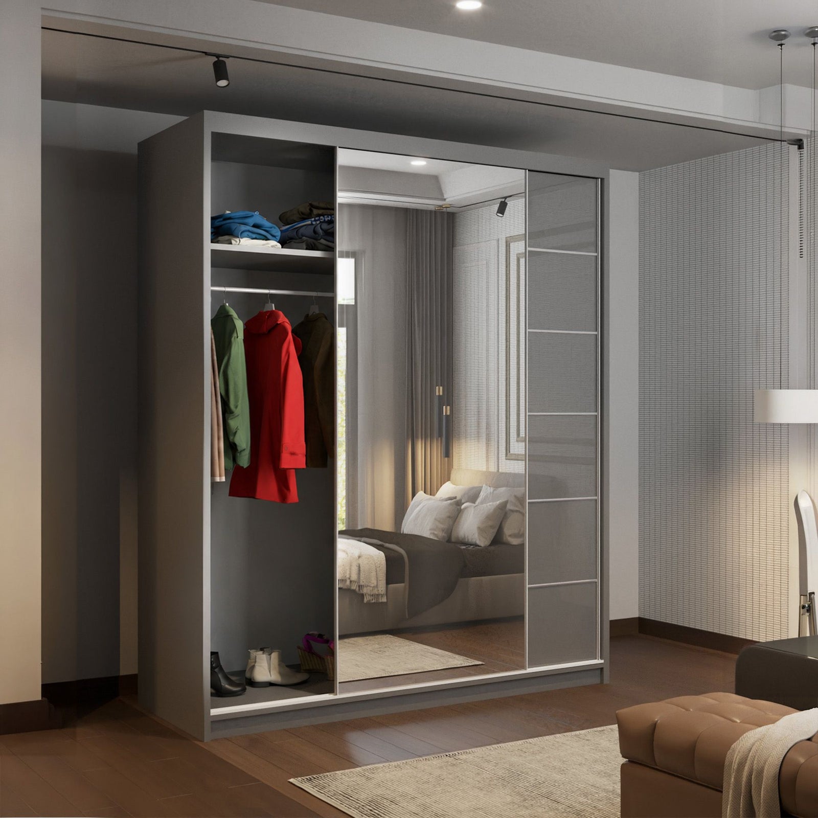 CHOICEWARDROBE Fusion High Gloss Sliding Mirror Door Wardrobe W180cm x H200cm in Grey – image 3