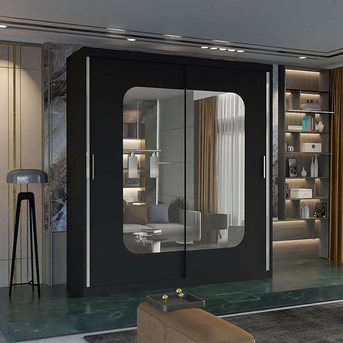 CHOICEWARDROBE Double Sliding Wardrobe with LED Light W180cm x H217cm x D62cm in Black – image 1