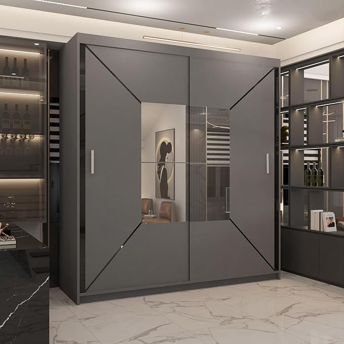 CHOICEWARDROBE Modern Double Sliding Wardrobe with LED Light W 120 x H 217 x D 62 in Grey – image 1