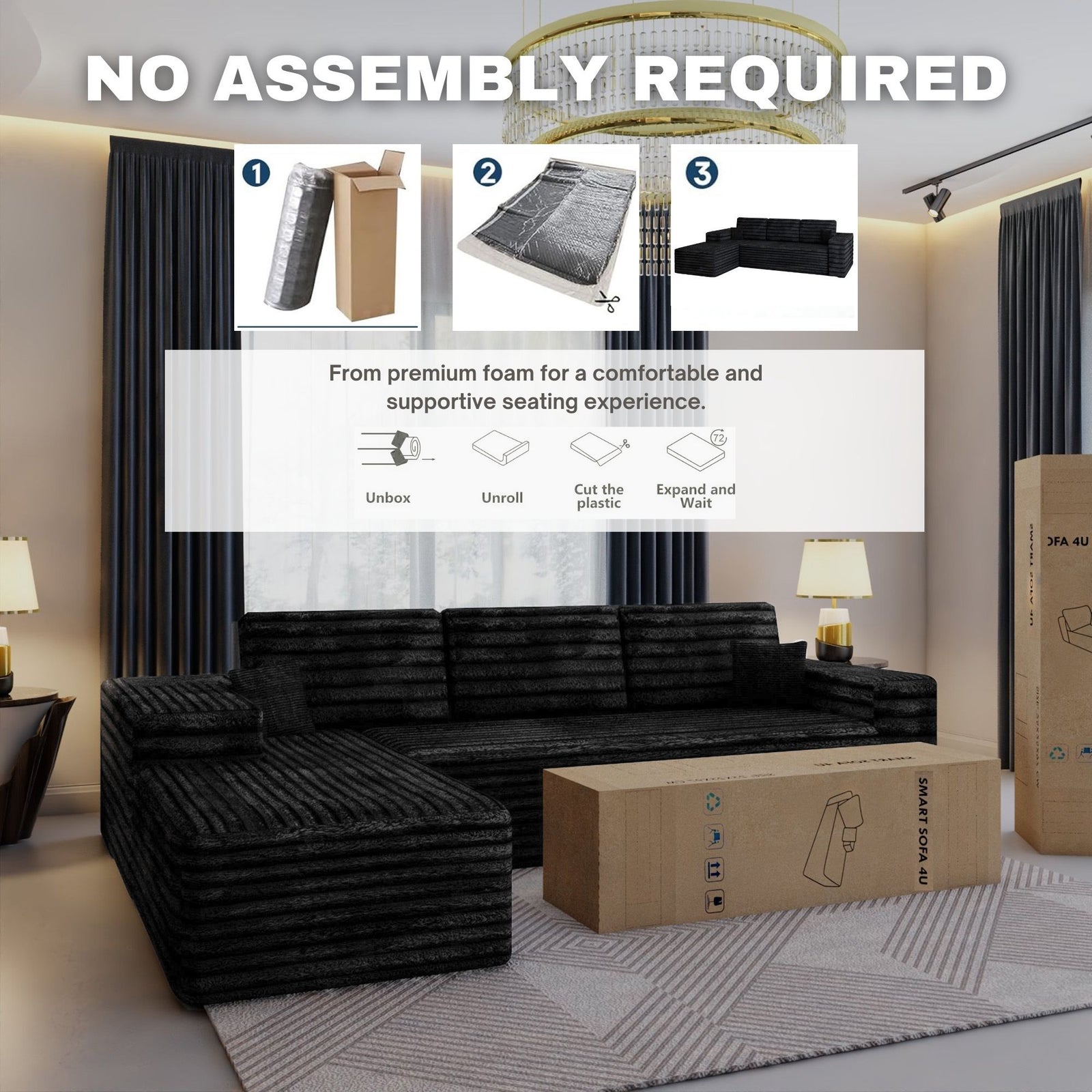CHOICEWARDROBE Smart Left Corner Sofa – No Assembly Required in Black – image 1