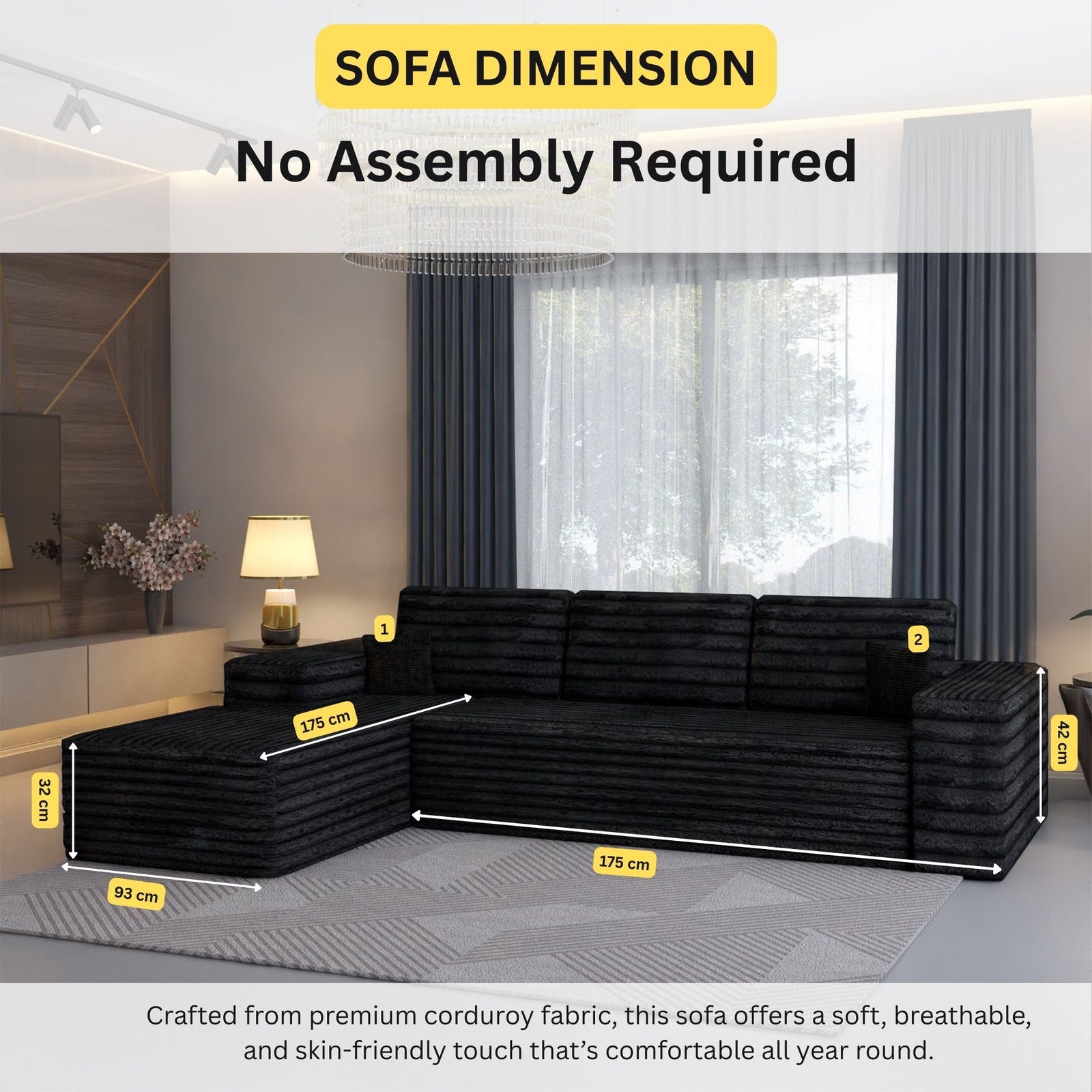 CHOICEWARDROBE Smart Left Corner Sofa – No Assembly Required in Black – image 2