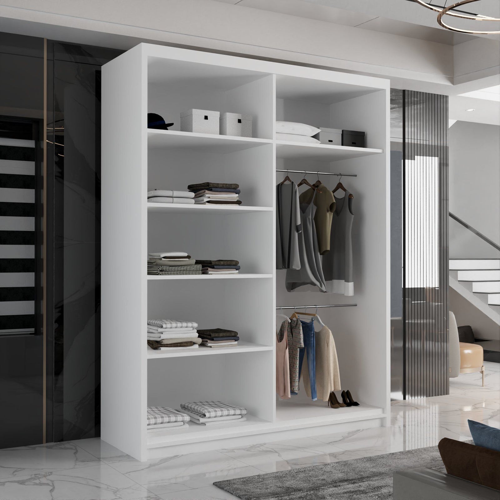 CHOICEWARDROBE Modern Sliding Wardrobe with LED Light W150cm x H217cm x D62cm in White – image 4