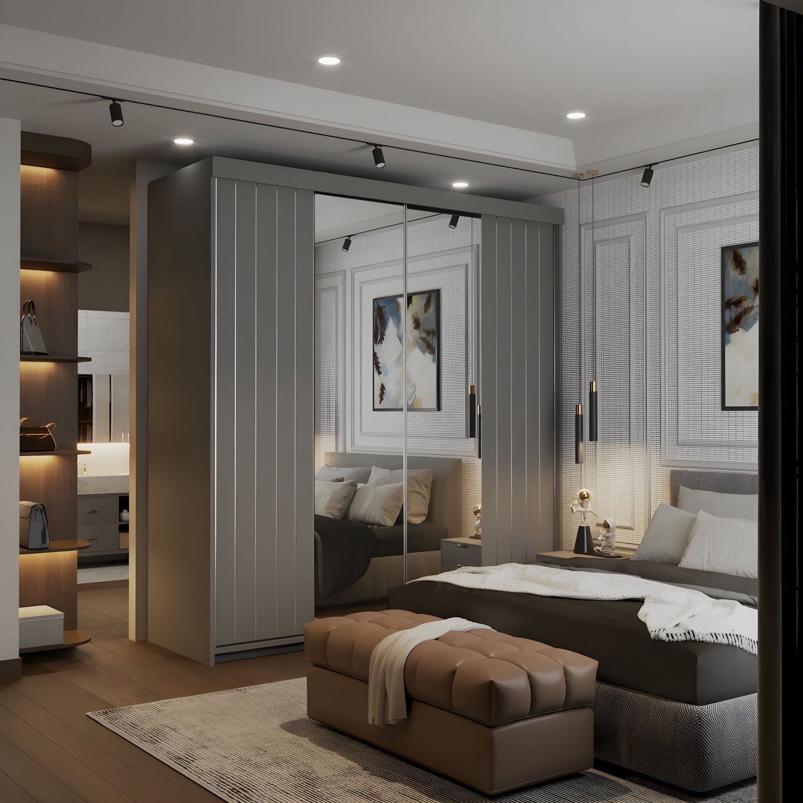CHOICEWARDROBE Modern Double Sliding Wardrobe with LED Light W203cm x H217cm x D62cm in Grey – image 1