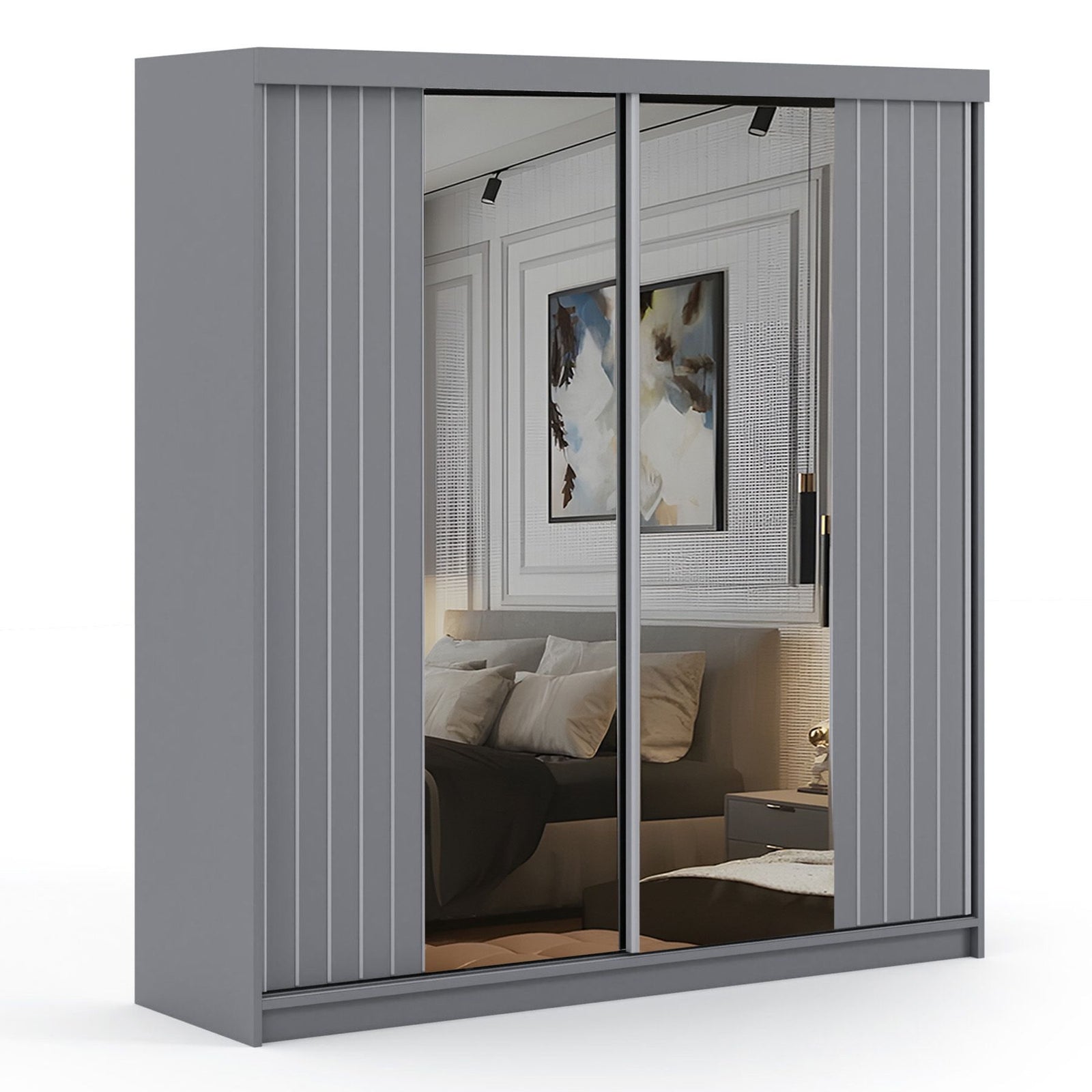 CHOICEWARDROBE Modern Double Sliding Wardrobe with LED Light W203cm x H217cm x D62cm in Grey – image 2