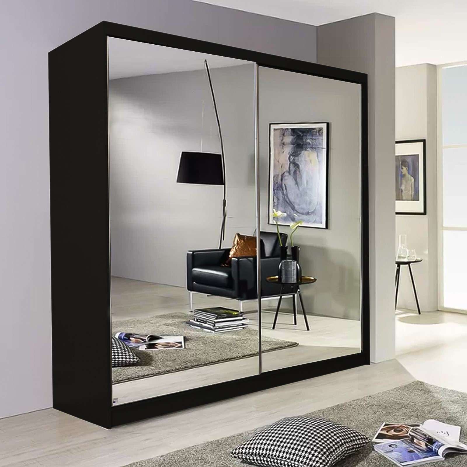 CHOICEWARDROBE Double Mirror Sliding Door Wardrobe with LED Light 200cm x 217cm in Black – image 1