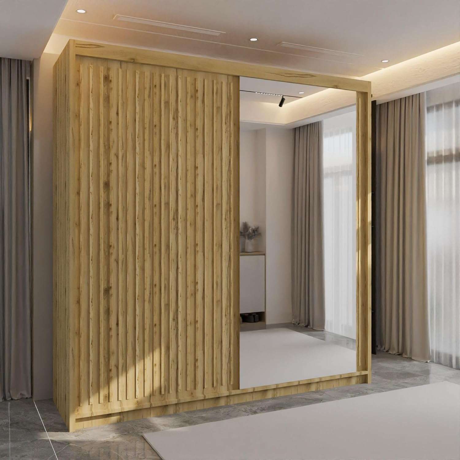 CHOICEWARDROBE Ronni Sliding Mirror Door Wardrobe W203cm x H217cm in Light Oak – image 1