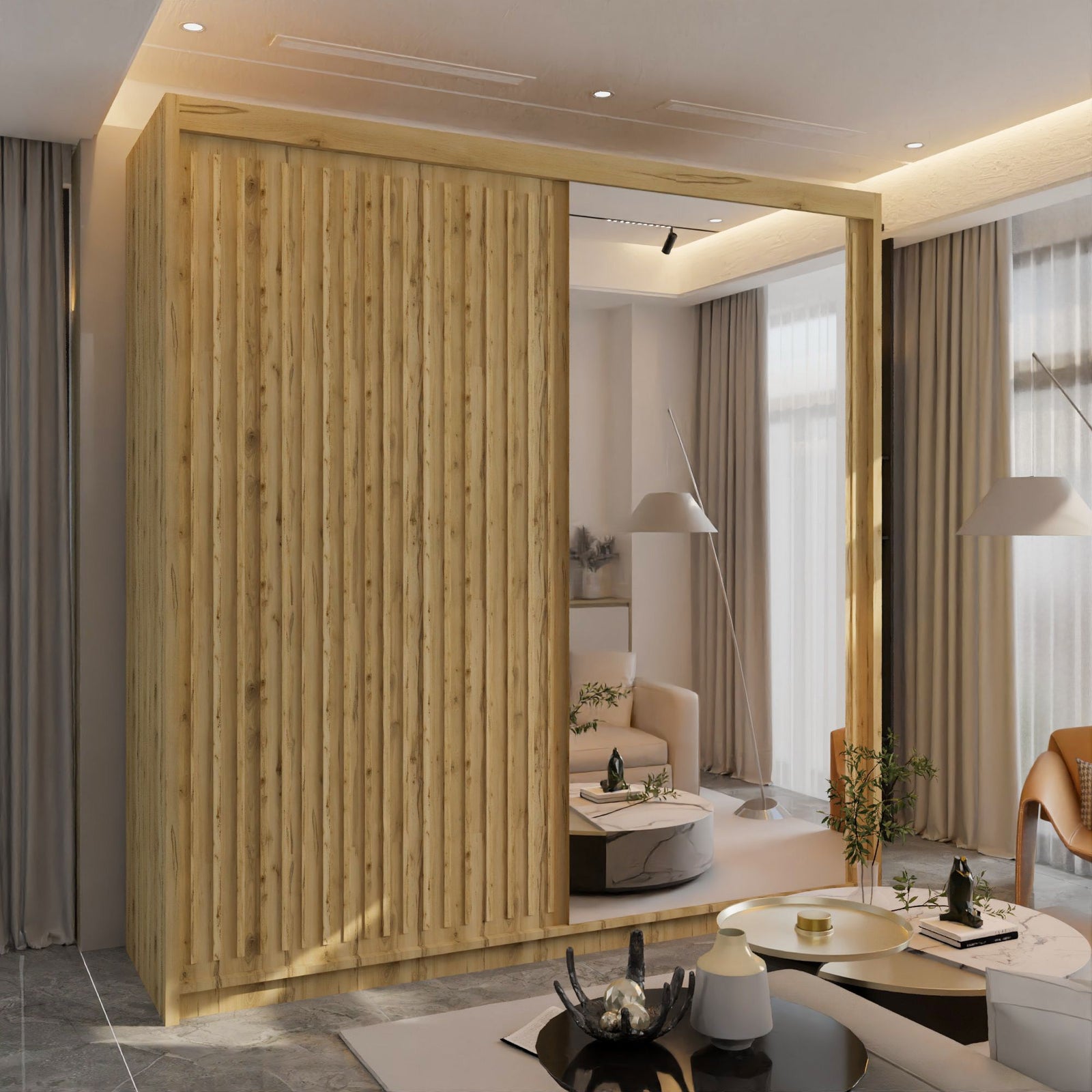 CHOICEWARDROBE Ronni Sliding Mirror Door Wardrobe W203cm x H217cm in Light Oak – image 3