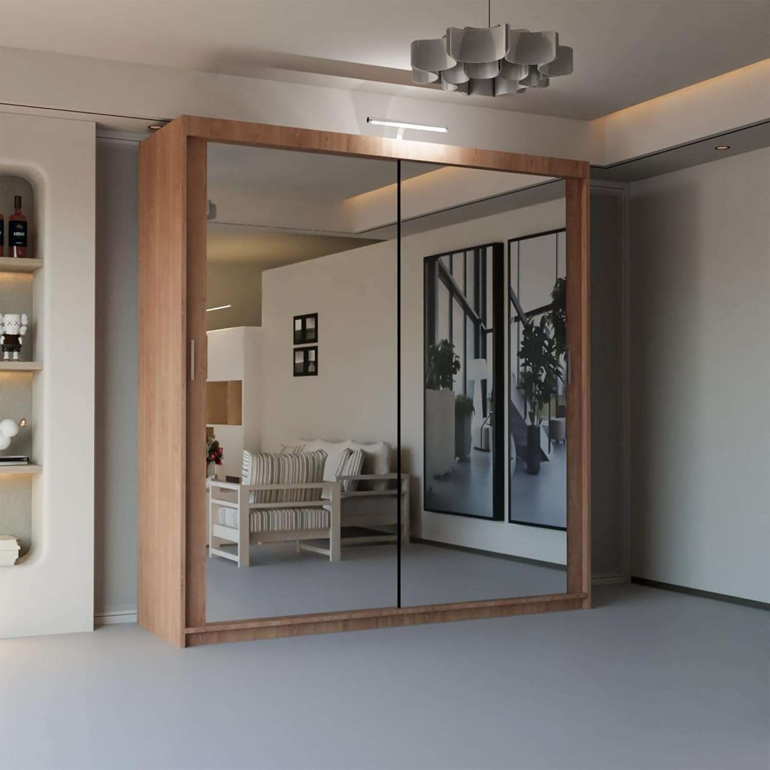 CHOICEWARDROBE Modern Mirror Sliding Wardrobe with Top LED Light W180cm x H217cm in Walnut – image 1