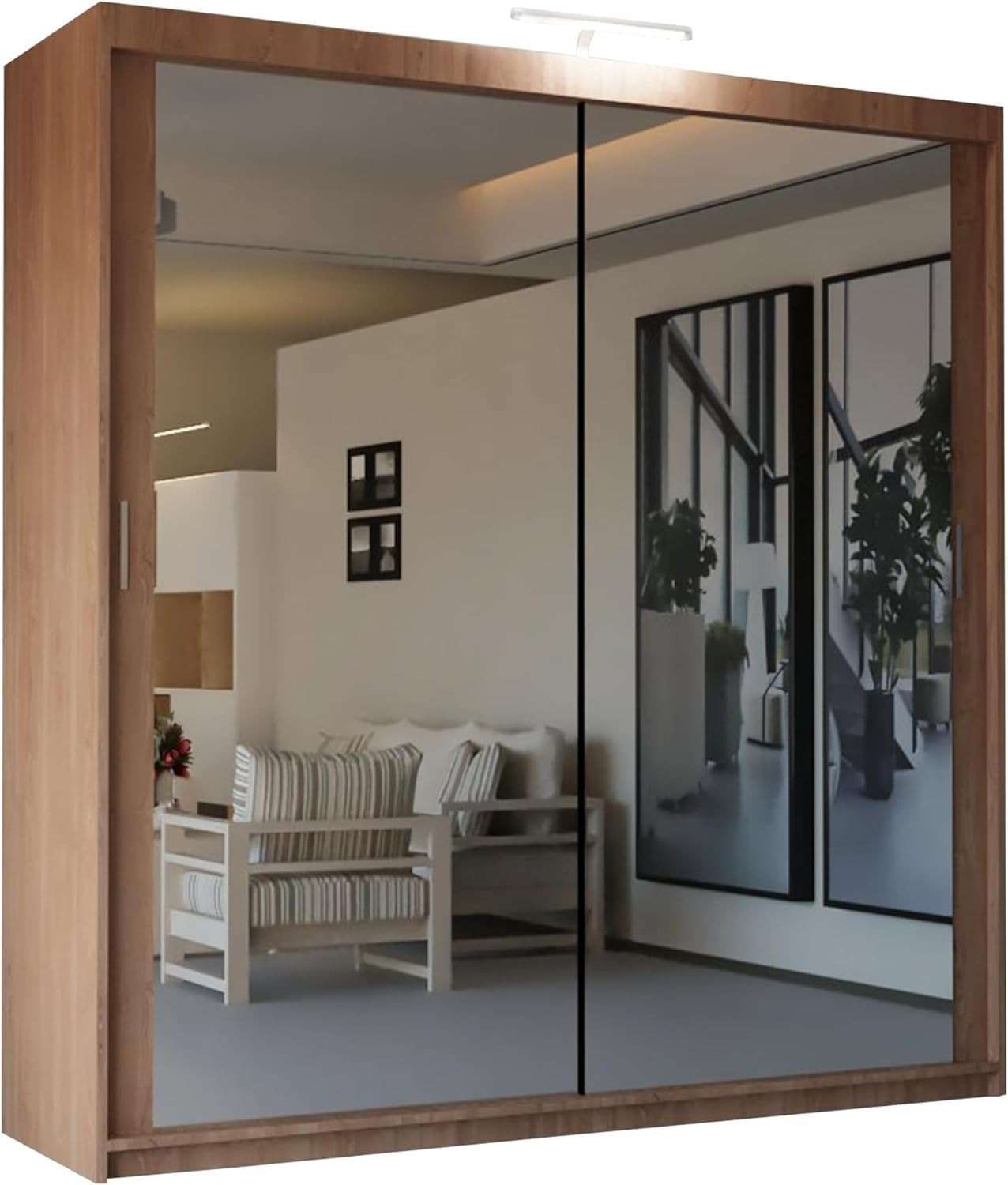 CHOICEWARDROBE Modern Mirror Sliding Wardrobe with Top LED Light W180cm x H217cm in Walnut – image 2