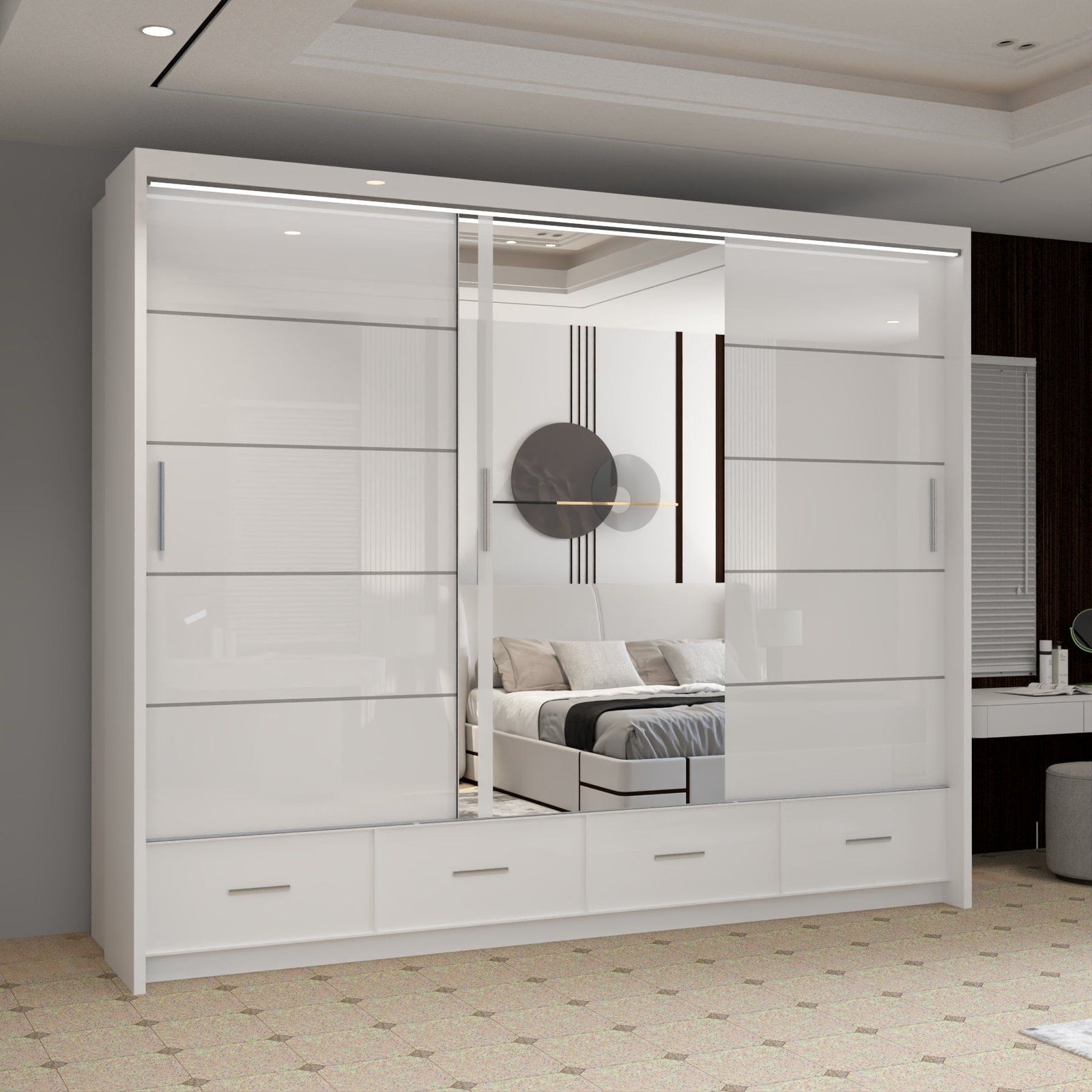 CHOICEWARDROBE Luxury High Gloss Sliding Wardrobe with LED Light W255cm x H220cm in White – image 1