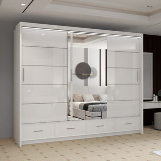 CHOICEWARDROBE Luxury High Gloss Sliding Wardrobe with LED Light W255cm x H220cm in White – image 1