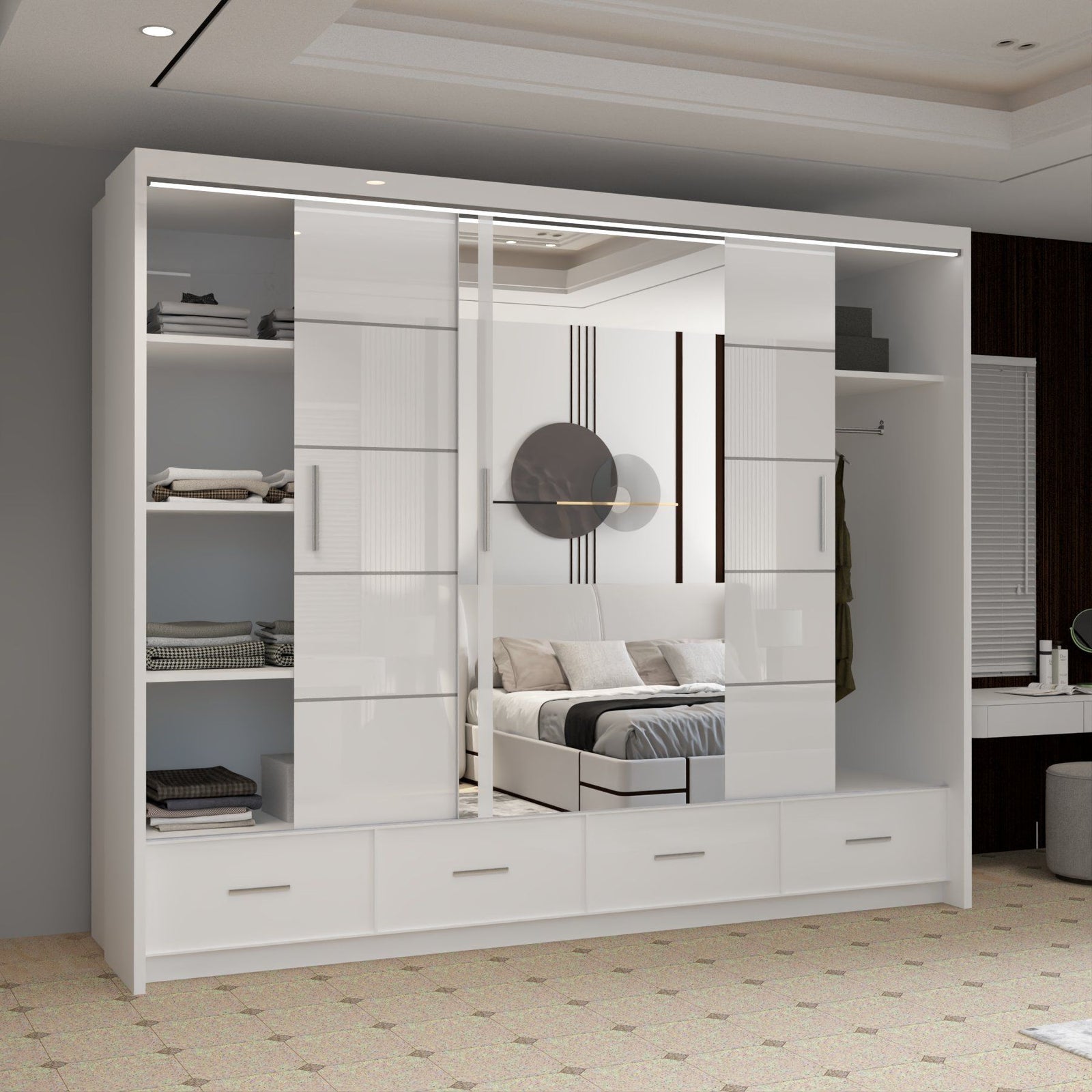 CHOICEWARDROBE Luxury High Gloss Sliding Wardrobe with LED Light W255cm x H220cm in White – image 3