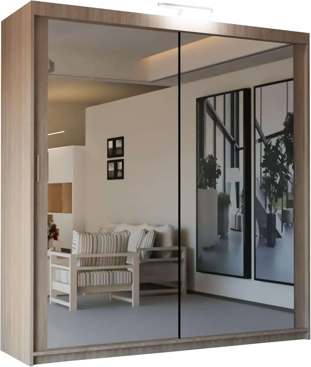CHOICEWARDROBE Modern Mirror Sliding Wardrobe with Top LED Light W180cm x H217cm in Brown – image 2