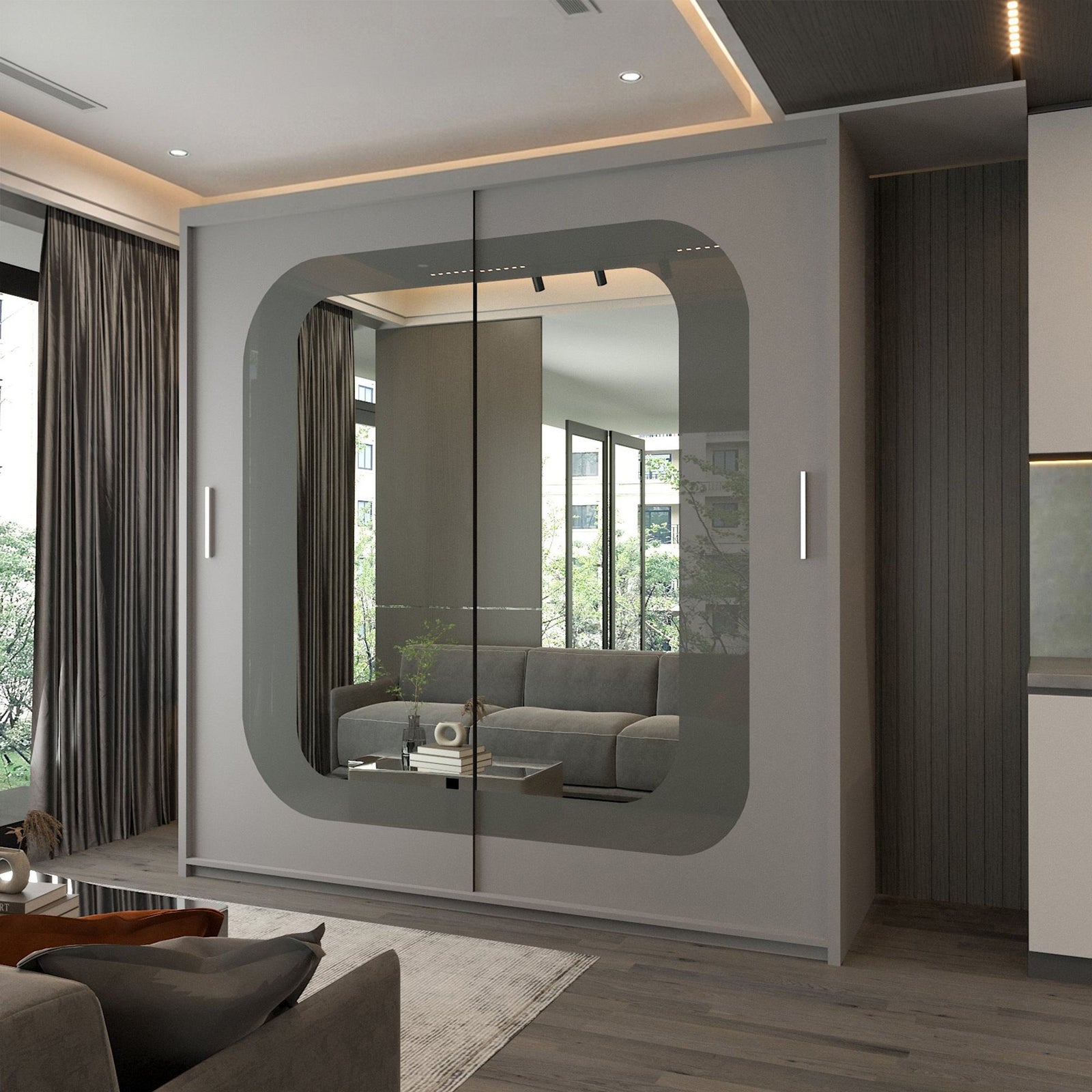 CHOICEWARDROBE Modern Double Door Sliding Wardrobe With LED Light W203cm x H217cm in Grey – image 1