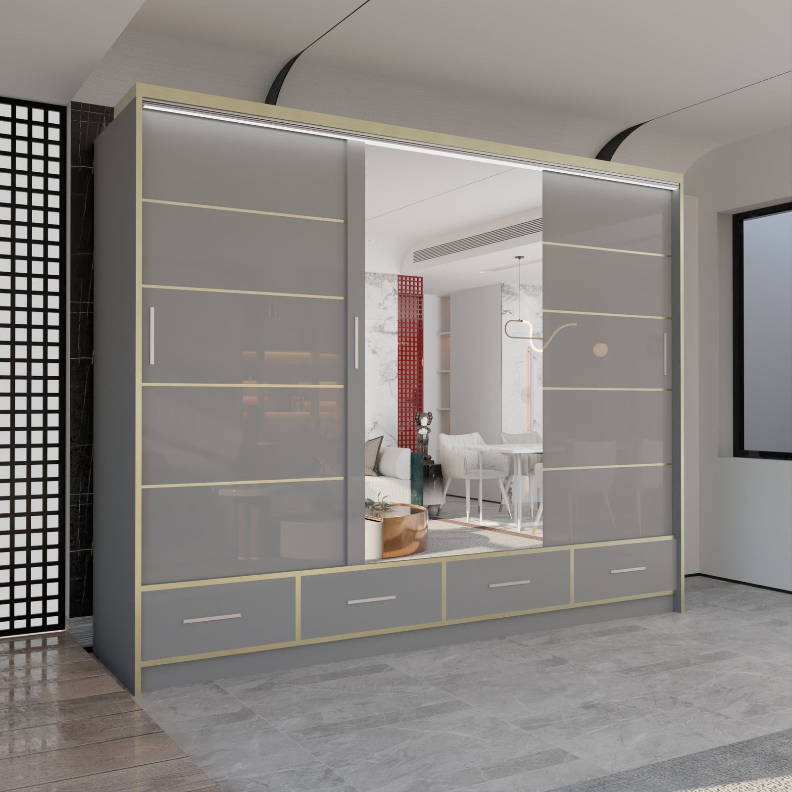 CHOICEWARDROBE Modern High Gloss Wardrobe with LED Light & Mirror Doors 253×220cm in Grey – image 1