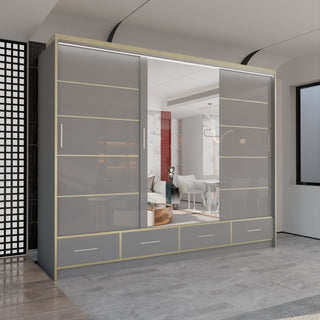 CHOICEWARDROBE Modern High Gloss Wardrobe with LED Light & Mirror Doors 253×220cm in Grey – image 1