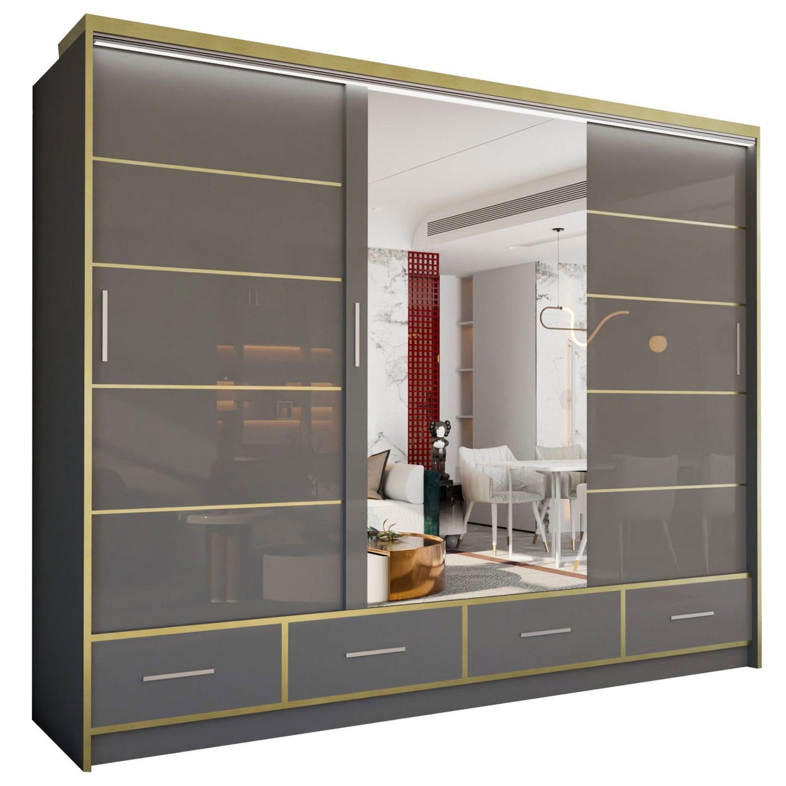 CHOICEWARDROBE Modern High Gloss Wardrobe with LED Light & Mirror Doors 253×220cm in Grey – image 2