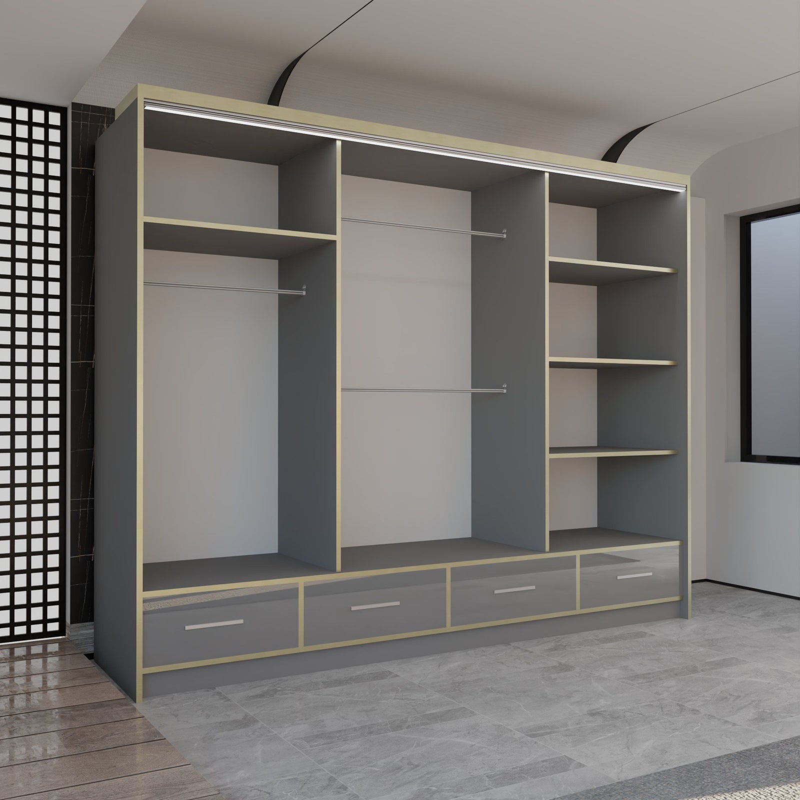CHOICEWARDROBE Modern High Gloss Wardrobe with LED Light & Mirror Doors 253×220cm in Grey – image 3