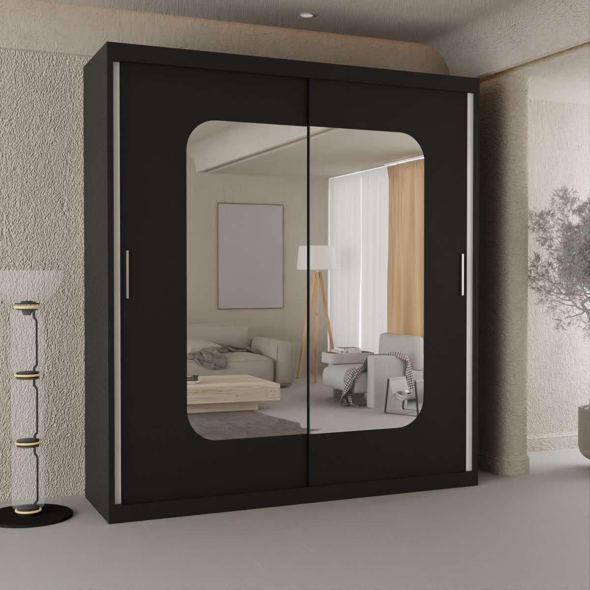 CHOICEWARDROBE Merikan Sliding Double Mirror Door Wardrobe 150cm X 217cm in Black – image 1
