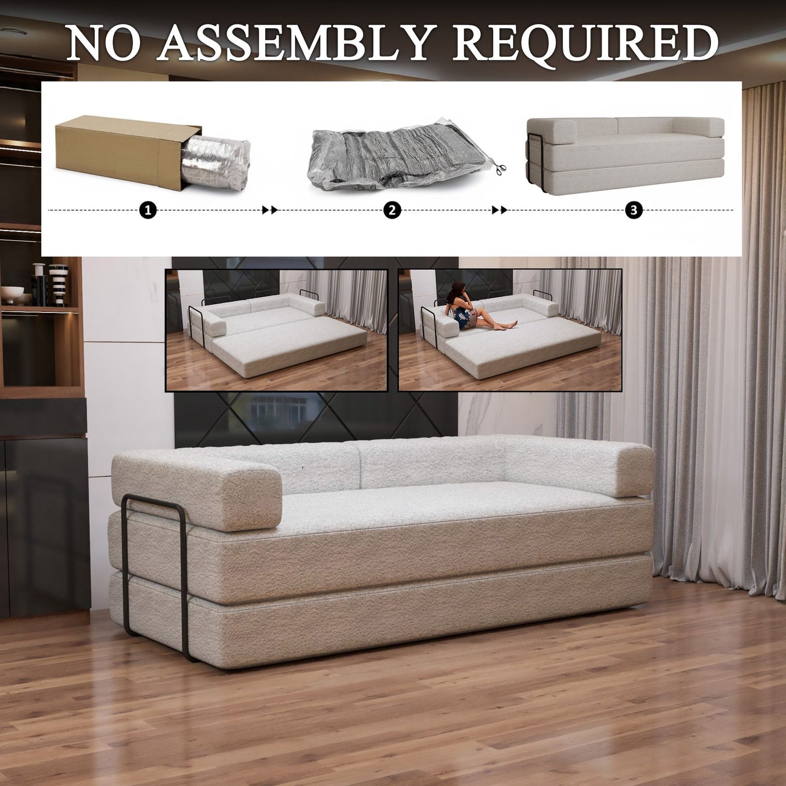 CHOICEWARDROBE Convertible Sofa Bed 3 Seater Sherpa Fabric Sofa in a Box in Off White – image 1