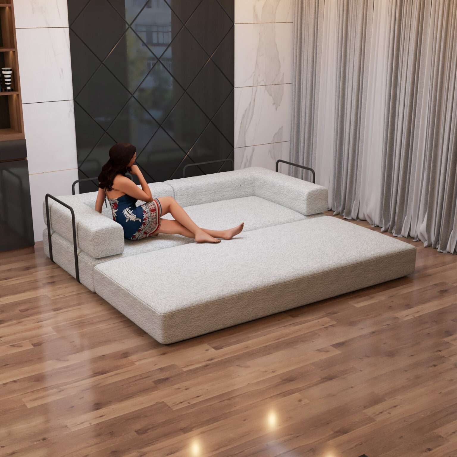 CHOICEWARDROBE Convertible Sofa Bed 3 Seater Sherpa Fabric Sofa in a Box in Off White – image 3