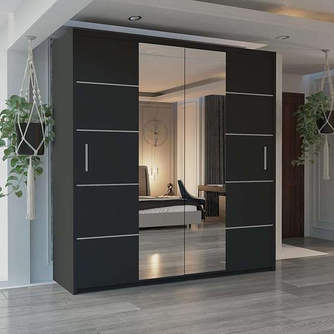 CHOICEWARDROBE Modern Sliding Wardrobe with LED Light W203cm x H217cm x D62cm in Black – image 1