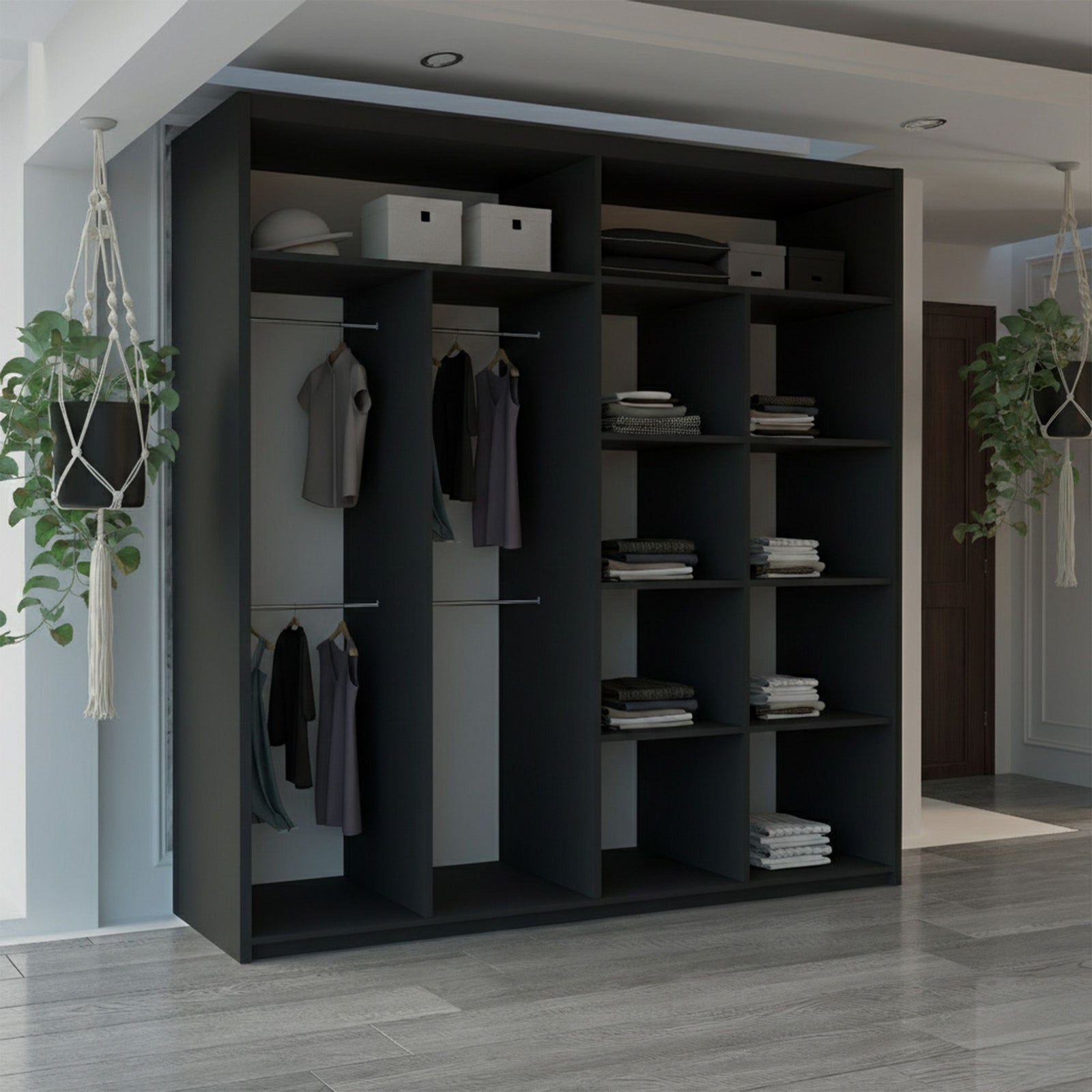 CHOICEWARDROBE Modern Sliding Wardrobe with LED Light W203cm x H217cm x D62cm in Black – image 3