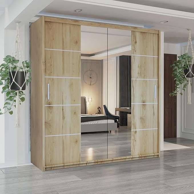CHOICEWARDROBE Modern Sliding Wardrobe with LED Light W203cm x H217cm x D62cm in Light Oak – image 1