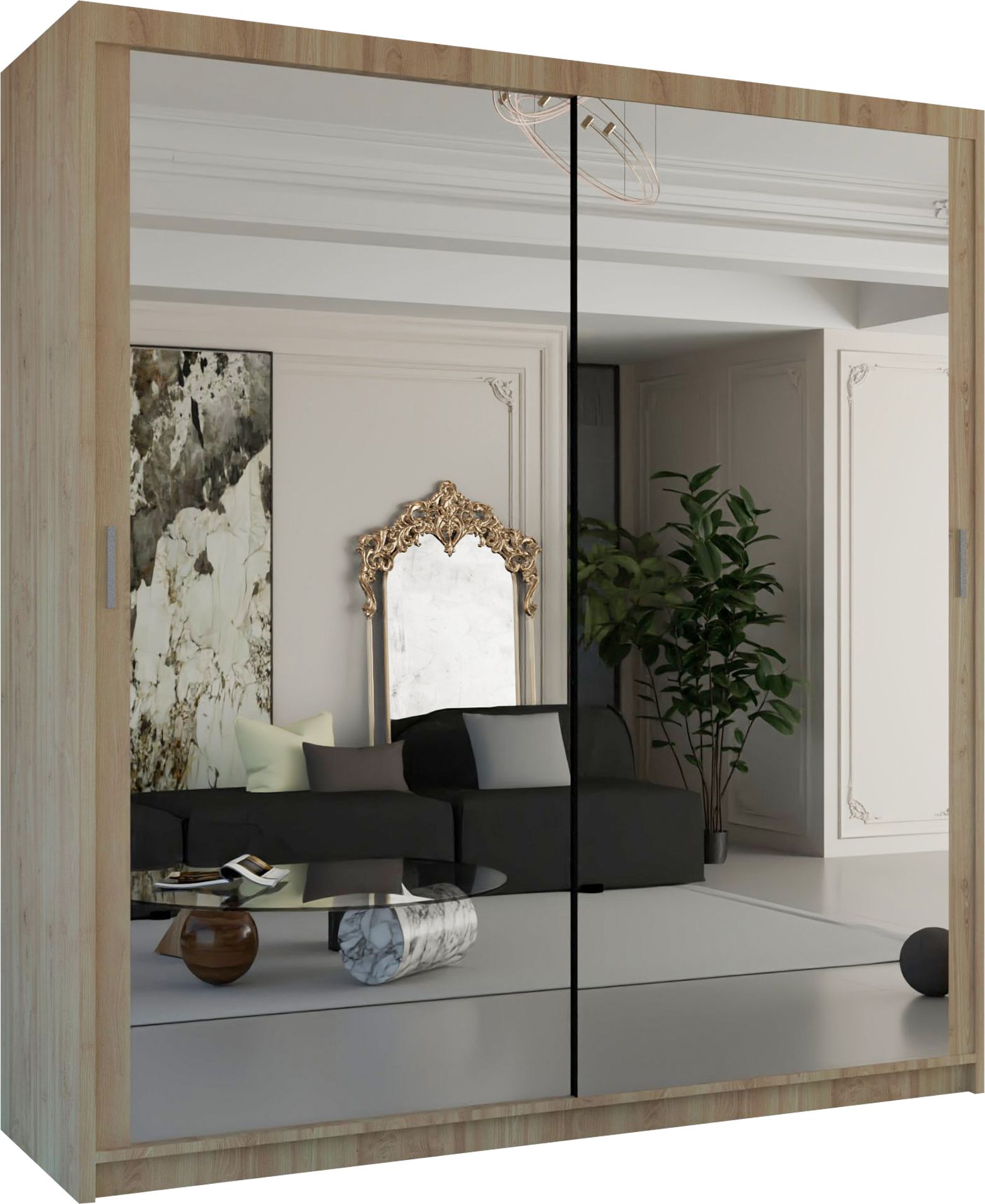 CHOICEWARDROBE Double Mirror Sliding Wardrobe With LED Light W120cm x H217cm x D62cm in Light Brown – image 2